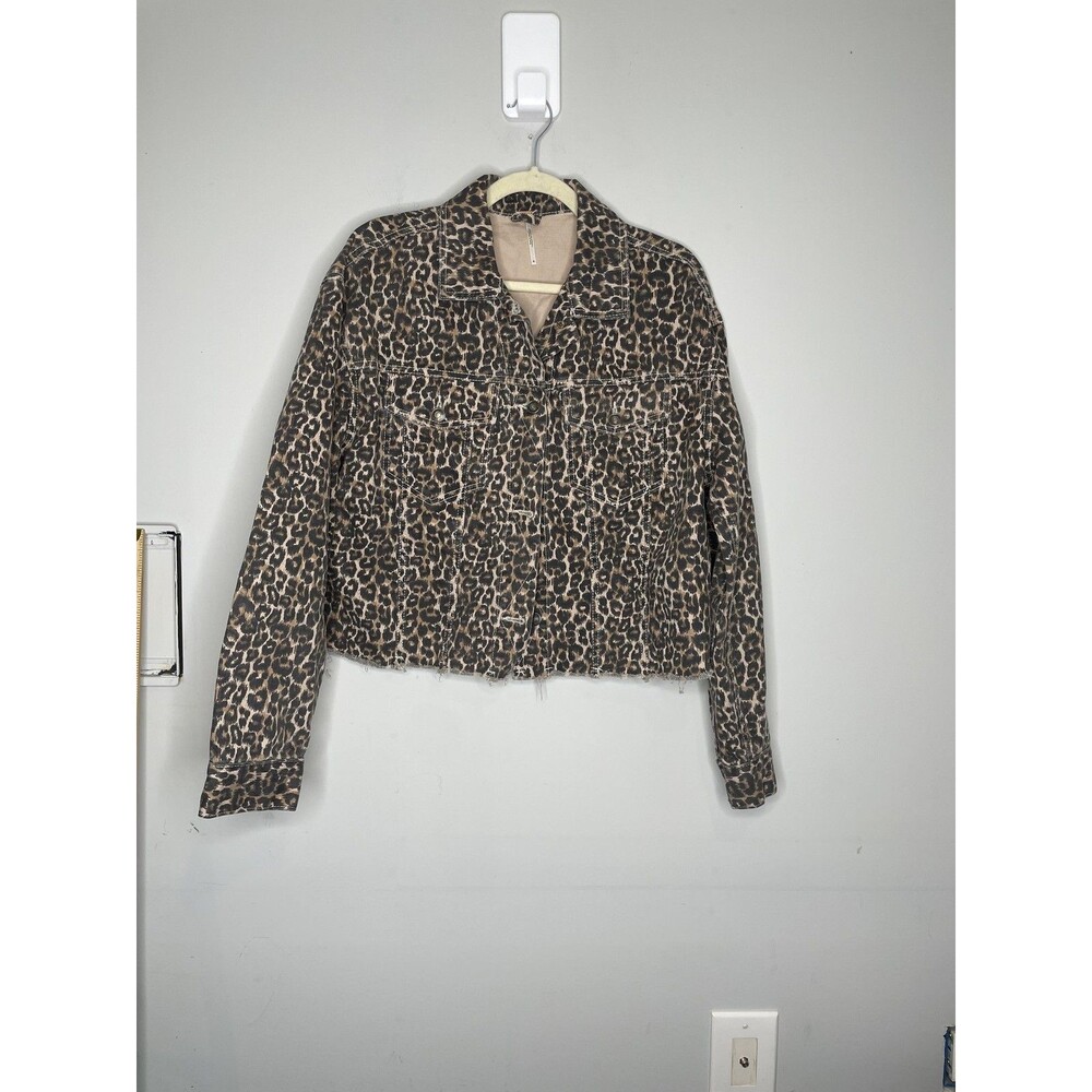 Free People Jacket Womens Medium Brown Leopard Print Denim Cropped Raw Hem